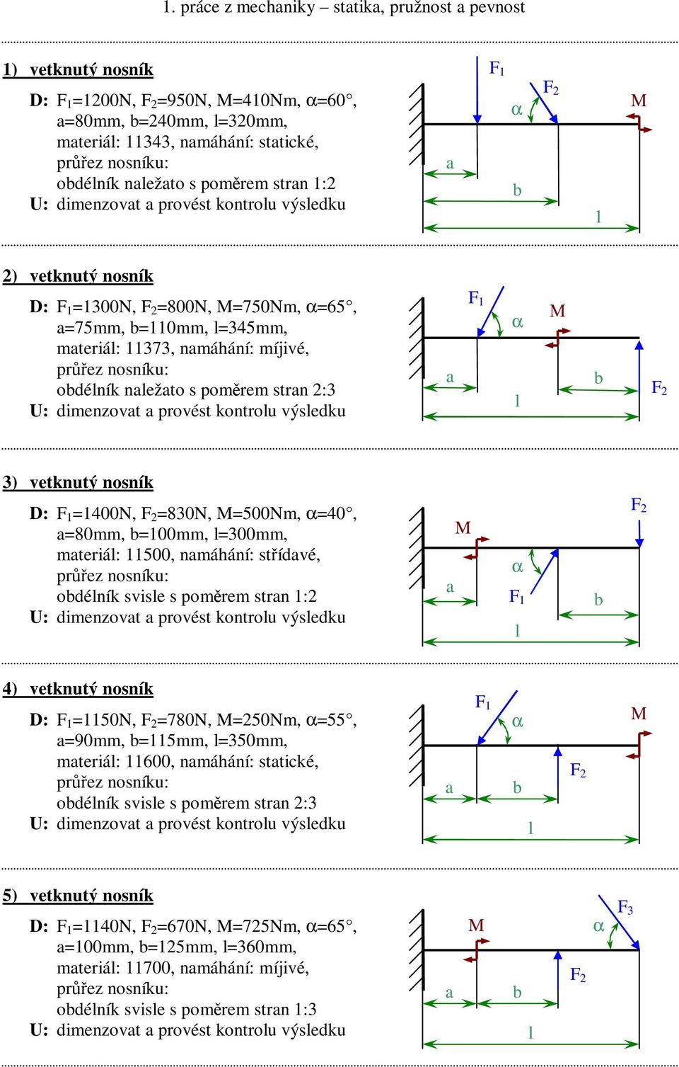 =80mm, =100mm, =300mm, mteriá: 11500, nmáhání: střídvé, odéník svise s poměrem strn 1:2 4) vetknutý nosník D: =1150N, =780N, =250Nm, =55, =90mm, =115mm, =350mm, mteriá: 11600,