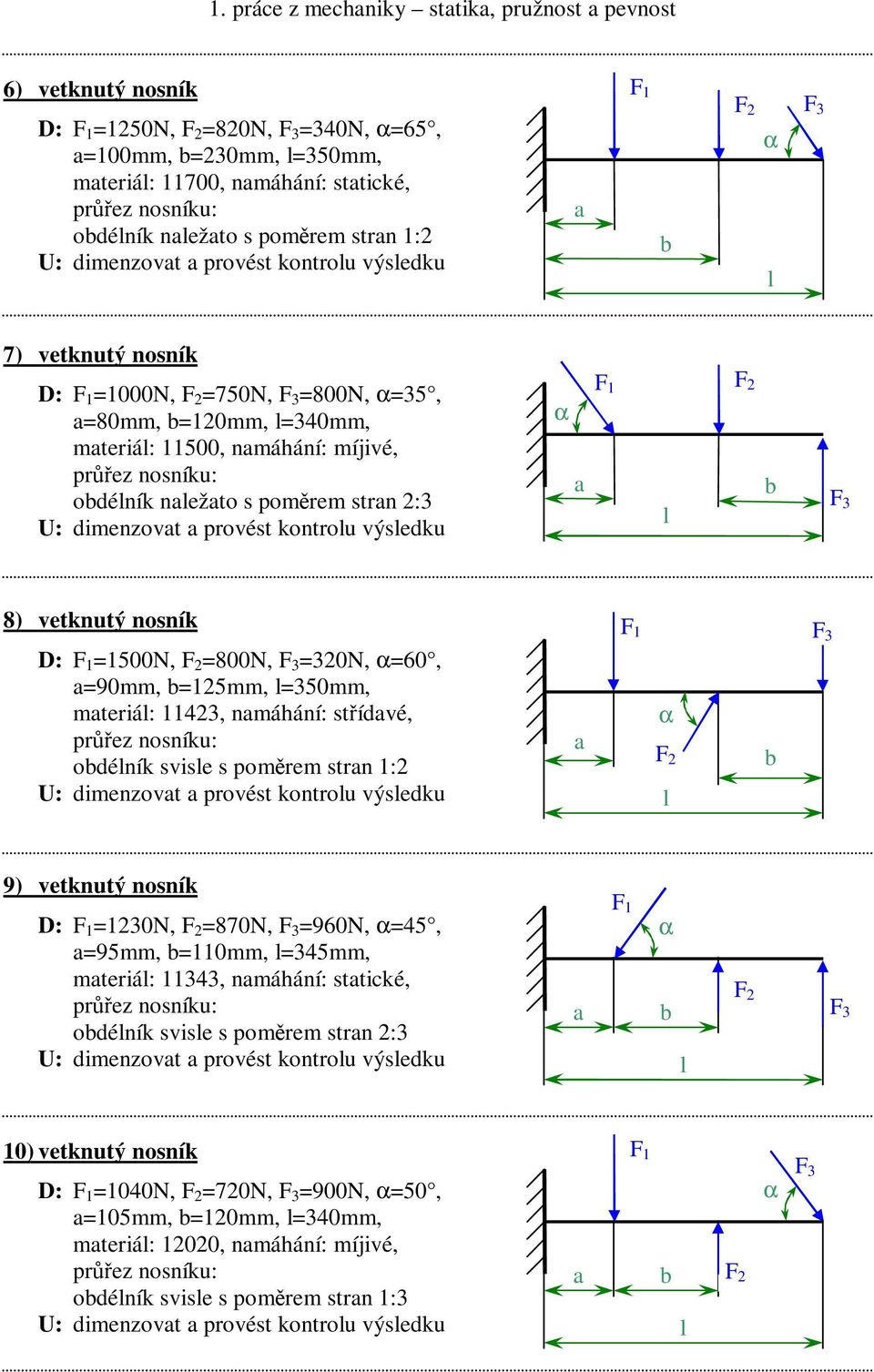 =90mm, =125mm, =350mm, mteriá: 11423, nmáhání: střídvé, odéník svise s poměrem strn 1:2 9) vetknutý nosník D: =1230N, =870N, =960N, =45, =95mm, =110mm, =345mm, mteriá: 11343,