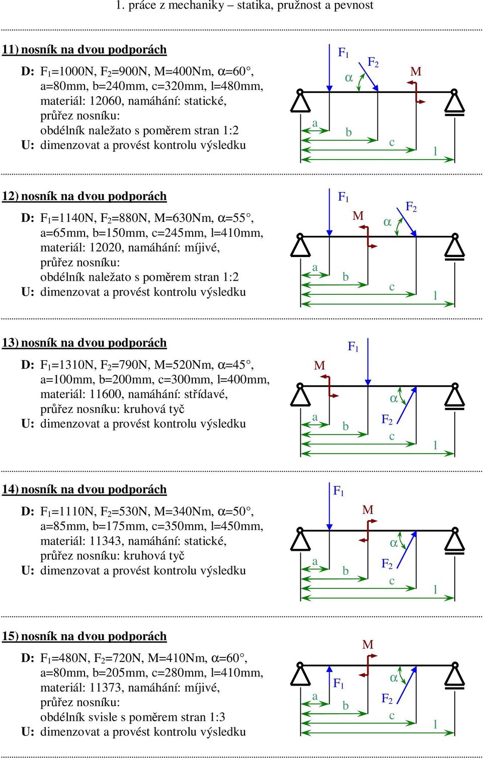 =790N, =520Nm, =45, =100mm, =200mm, =300mm, =400mm, mteriá: 11600, nmáhání: střídvé, kruhová tyč F 2 14) nosník n dvou podporáh D: =1110N, =530N, =340Nm, =50, =85mm, =175mm, =350mm, =450mm,