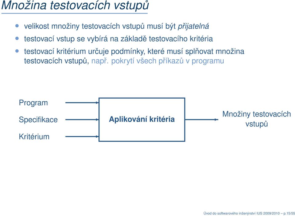 množina testovacích vstupů, např.