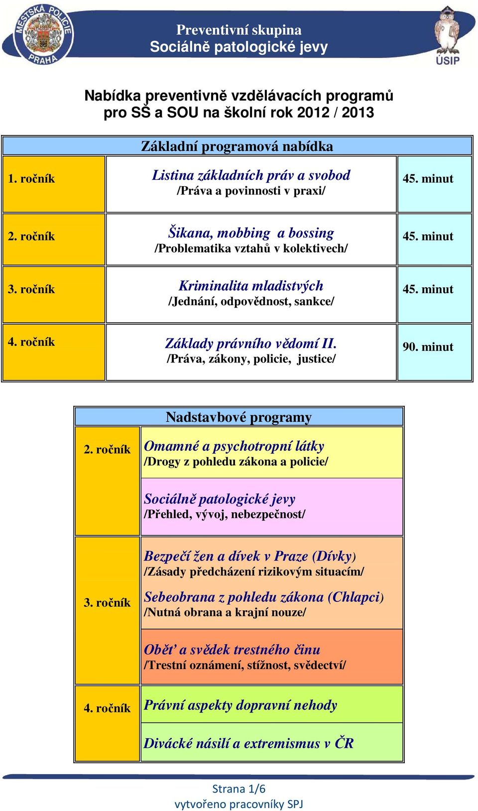 ročník Kriminalita mladistvých /Jednání, odpovědnost, sankce/ 45. minut 45. minut 4. ročník Základy právního vědomí II. /Práva, zákony, policie, justice/ 90. minut Nadstavbové programy 2.