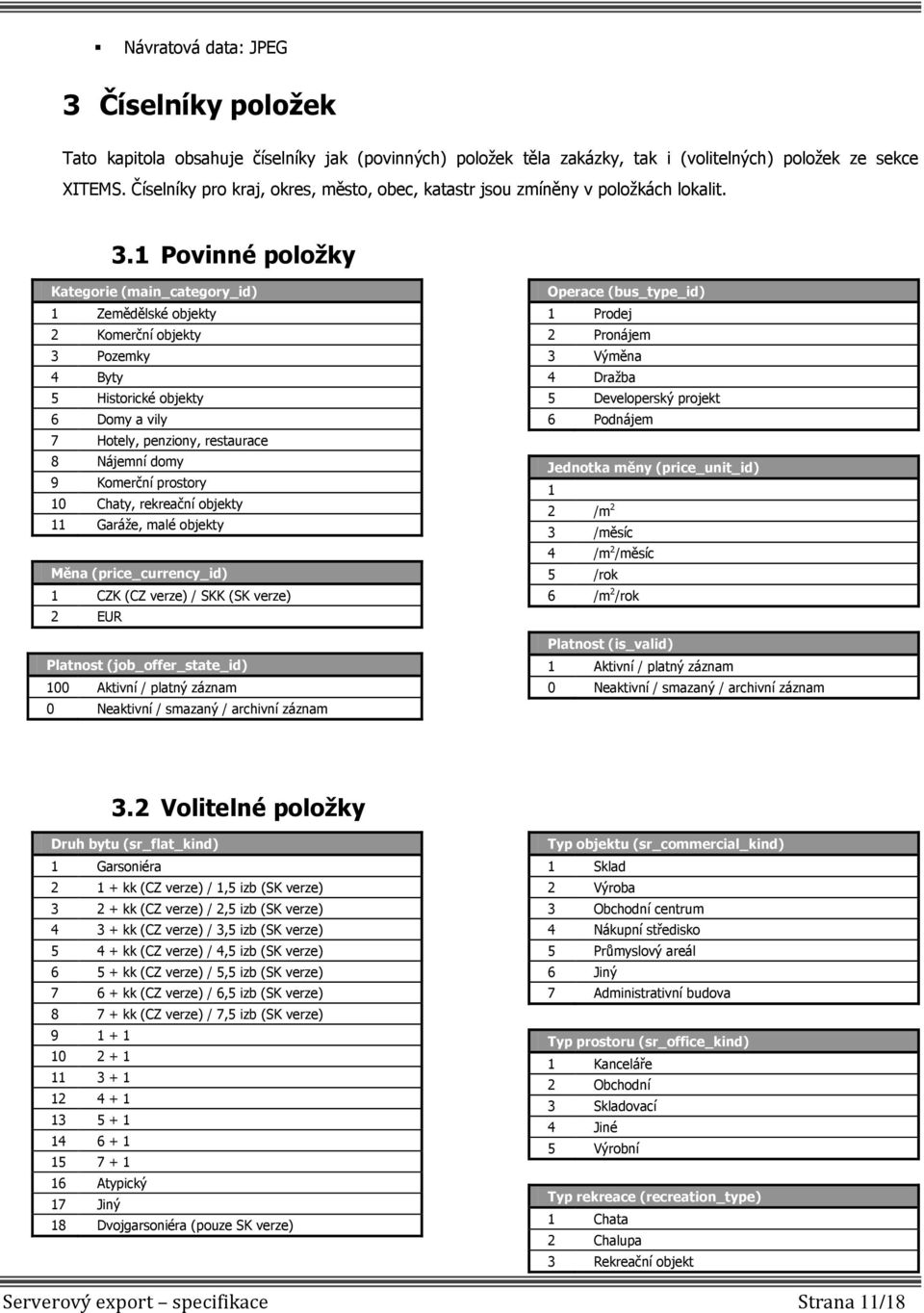 1 Povinné položky Kategorie (main_category_id) 1 Zemědělské objekty 2 Komerční objekty 3 Pozemky 4 Byty 5 Historické objekty 6 Domy a vily 7 Hotely, penziony, restaurace 8 Nájemní domy 9 Komerční