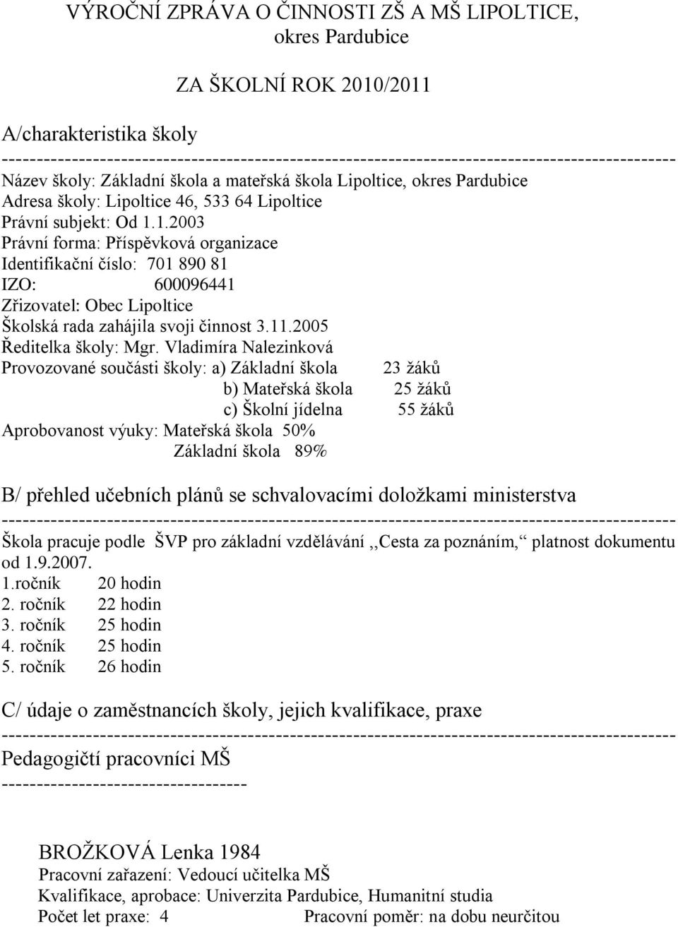 1.2003 Právní forma: Příspěvková organizace Identifikační číslo: 701 890 81 IZO: 600096441 Zřizovatel: Obec Lipoltice Školská rada zahájila svoji činnost 3.11.2005 Ředitelka školy: Mgr.