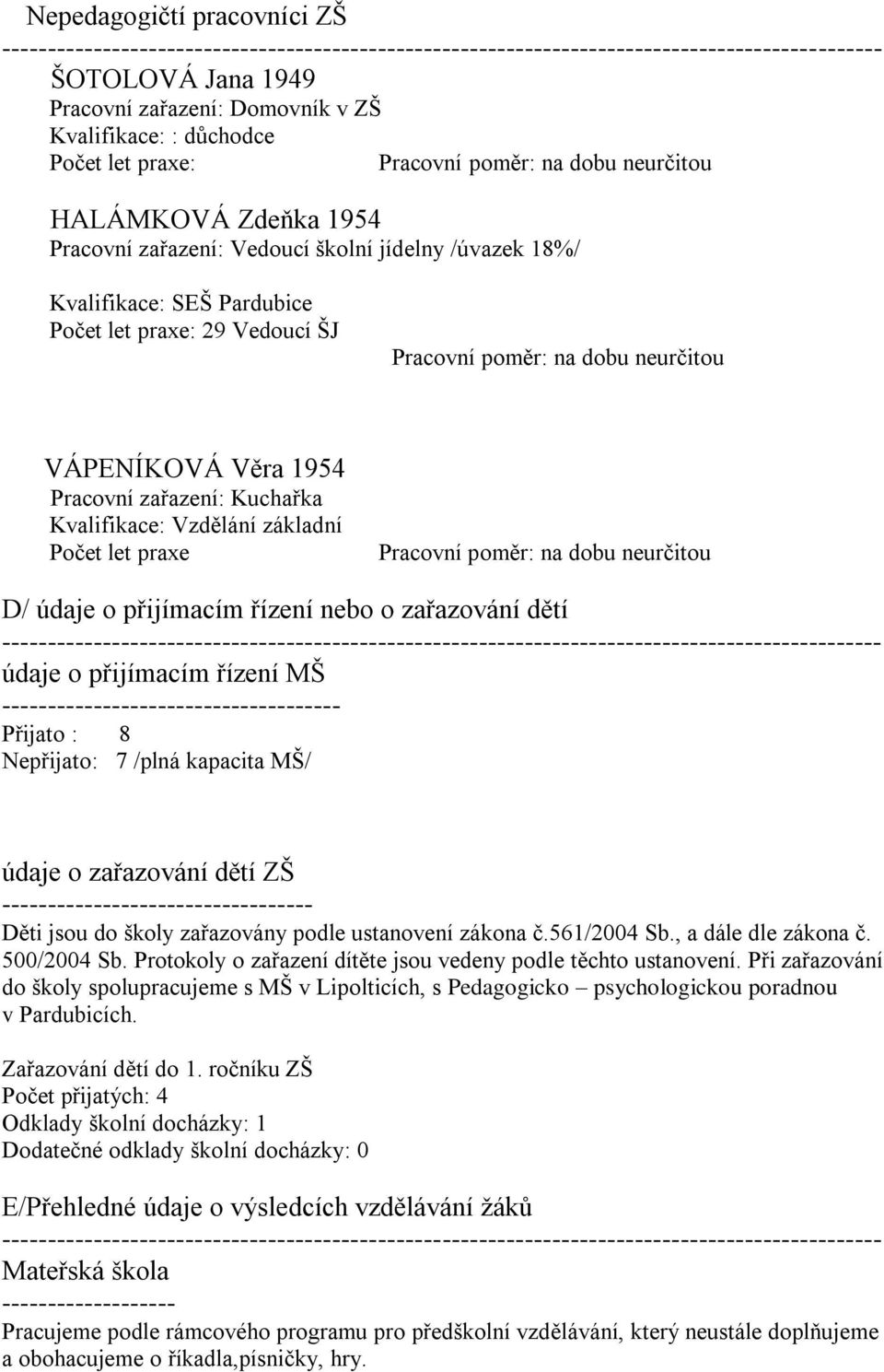 zařazování dětí údaje o přijímacím řízení MŠ ------------------------------------- Přijato : 8 Nepřijato: 7 /plná kapacita MŠ/ údaje o zařazování dětí ZŠ ---------------------------------- Děti jsou