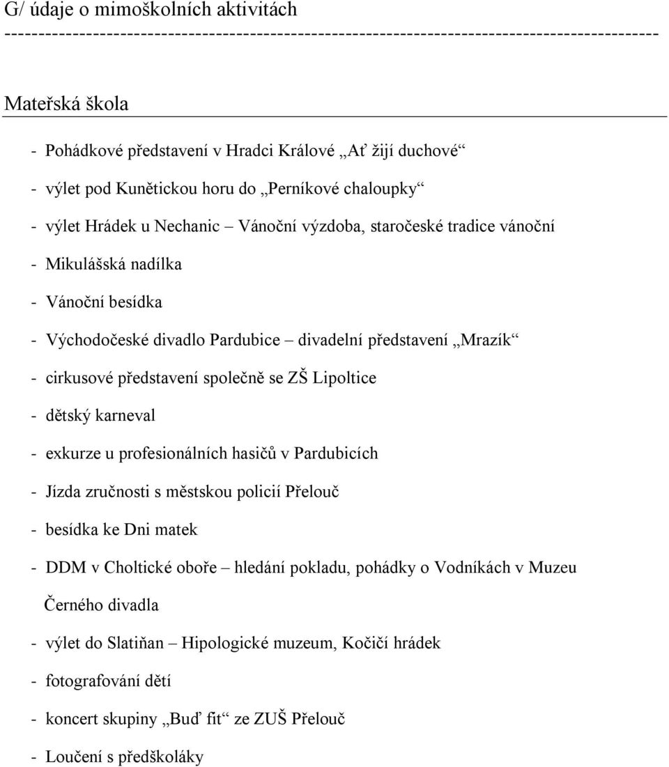 Lipoltice - dětský karneval - exkurze u profesionálních hasičů v Pardubicích - Jízda zručnosti s městskou policií Přelouč - besídka ke Dni matek - DDM v Choltické oboře hledání