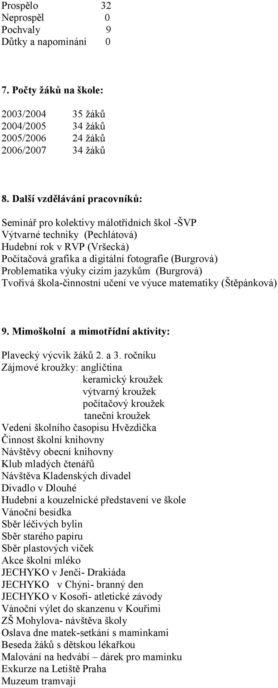 výuky cizím jazykům (Burgrová) Tvořivá škola-činnostní učení ve výuce matematiky (Štěpánková) 9. Mimoškolní a mimotřídní aktivity: Plavecký výcvik žáků 2. a 3.