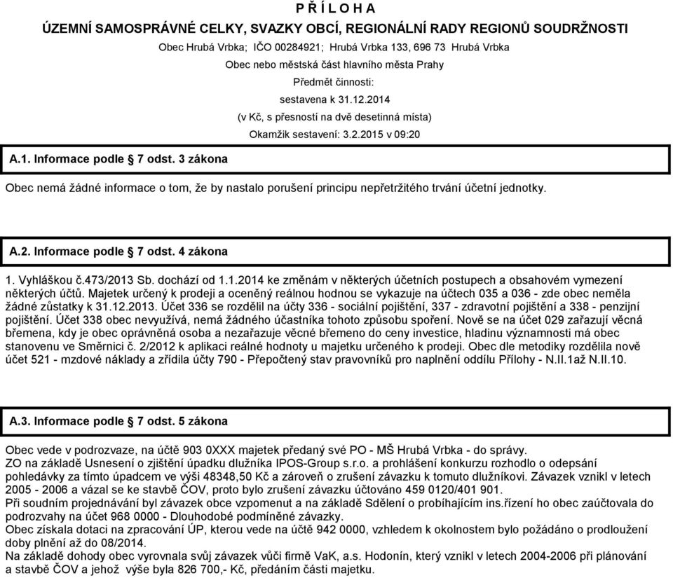 3 zákona Obec nemá žádné informace o tom, že by nastalo porušení principu nepřetržitého trvání účetní jednotky. A.2. Informace podle 7 odst. 4 zákona 1.