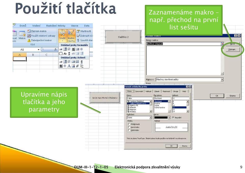 nápis tlačítka a jeho parametry