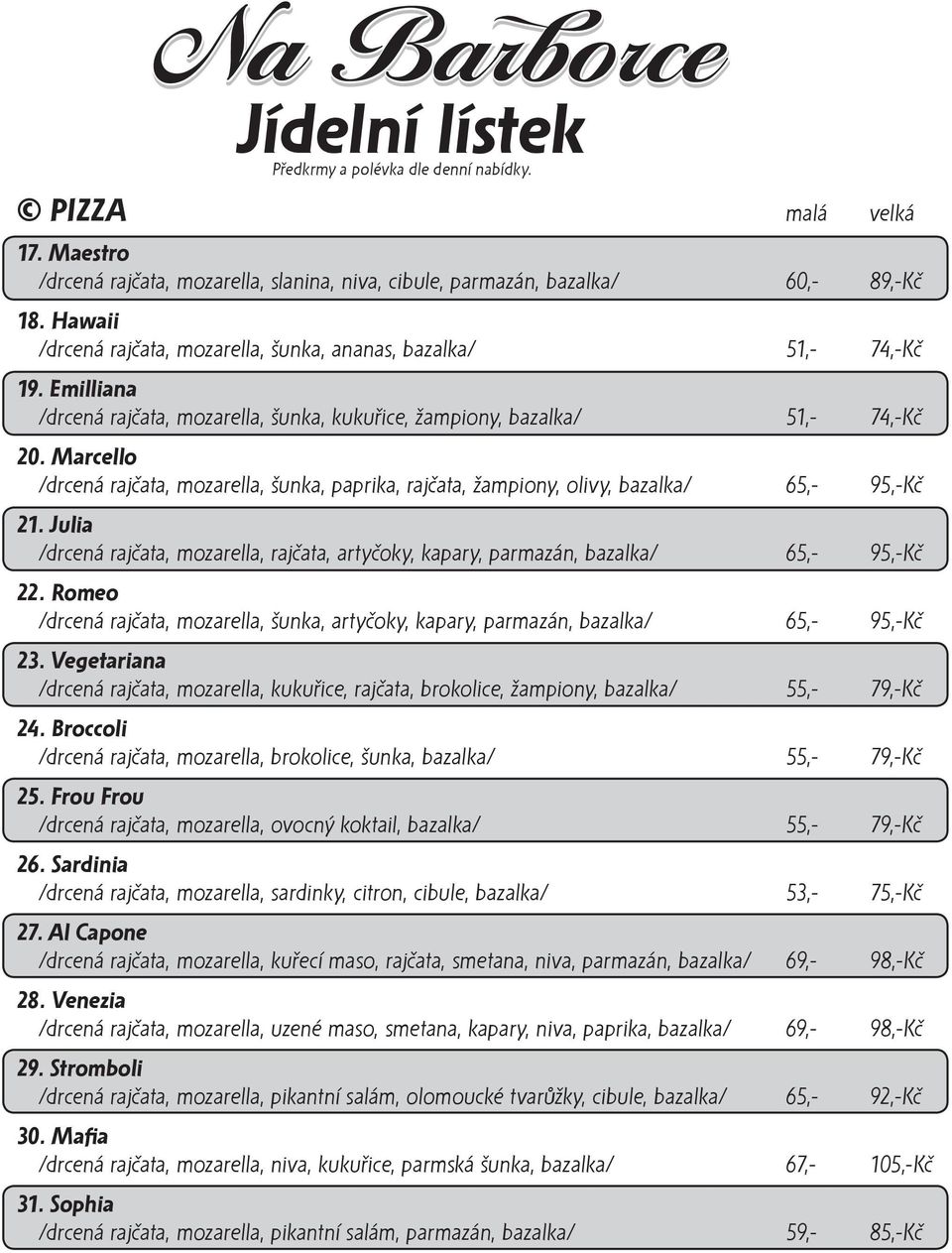 Julia /drcená rajčata, mozarella, rajčata, artyčoky, kapary, parmazán, bazalka/ 65,- 95,-Kč 22. Romeo /drcená rajčata, mozarella, šunka, artyčoky, kapary, parmazán, bazalka/ 65,- 95,-Kč 23.