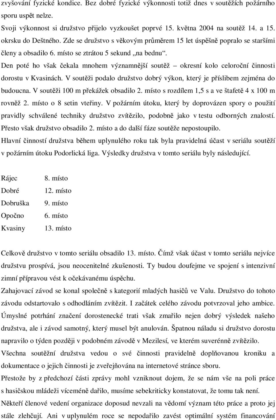 Den poté ho však ekala mnohem významnjší soutž okresní kolo celoroní innosti dorostu v Kvasinách. V soutži podalo družstvo dobrý výkon, který je píslibem zejména do budoucna.