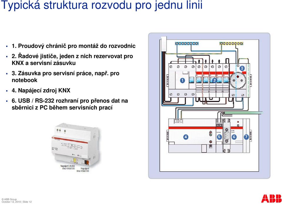 adové jistie, jeden z nich rezervovat pro KNX a servisní zásuvku 3.