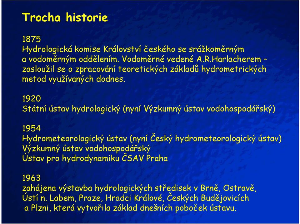 1920 Státní ústav hydrologický (nyní Výzkumný ústav vodohospodářský) 1954 Hydrometeorologický ústav (nyní Český hydrometeorologický ústav) Výzkumný ústav