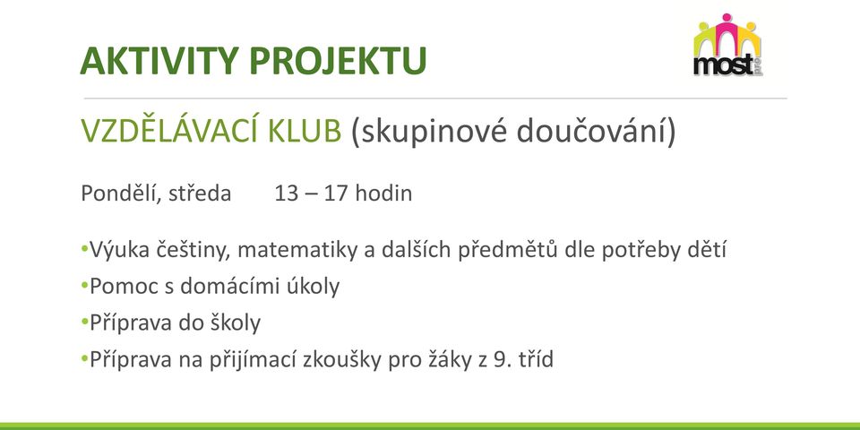 dalších předmětů dle potřeby dětí Pomoc s domácími úkoly