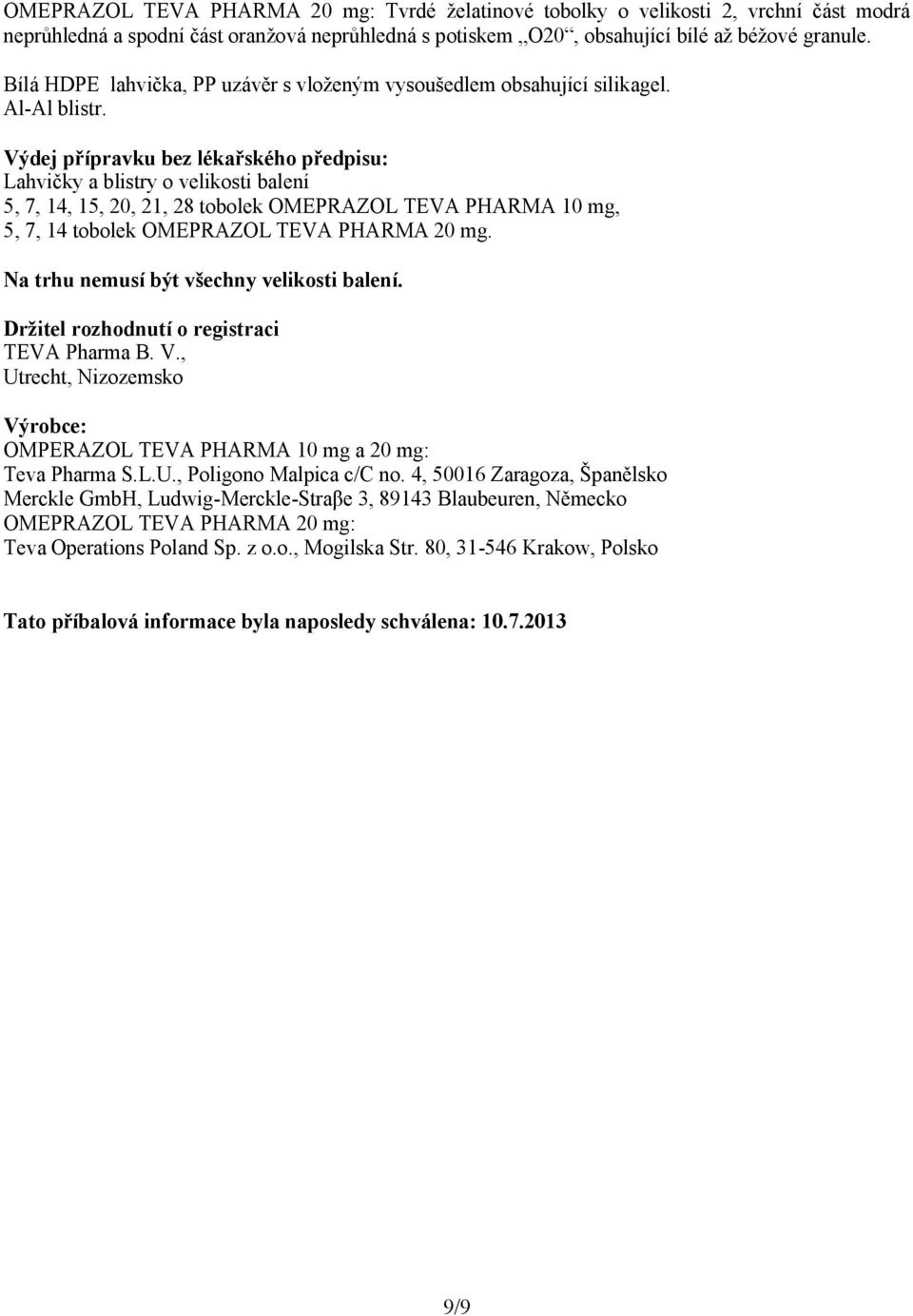 Výdej přípravku bez lékařského předpisu: Lahvičky a blistry o velikosti balení 5, 7, 14, 15, 20, 21, 28 tobolek OMEPRAZOL TEVA PHARMA 10 mg, 5, 7, 14 tobolek OMEPRAZOL TEVA PHARMA 20 mg.