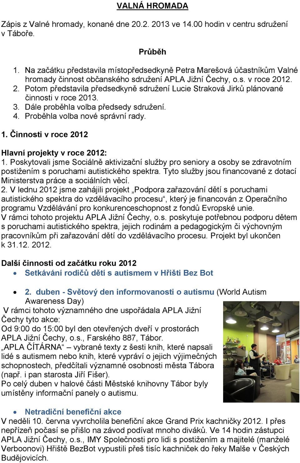 12. 2. Potom představila předsedkyně sdružení Lucie Straková Jirků plánované činnosti v roce 2013. 3. Dále proběhla volba předsedy sdružení. 4. Proběhla volba nové správní rady. 1.