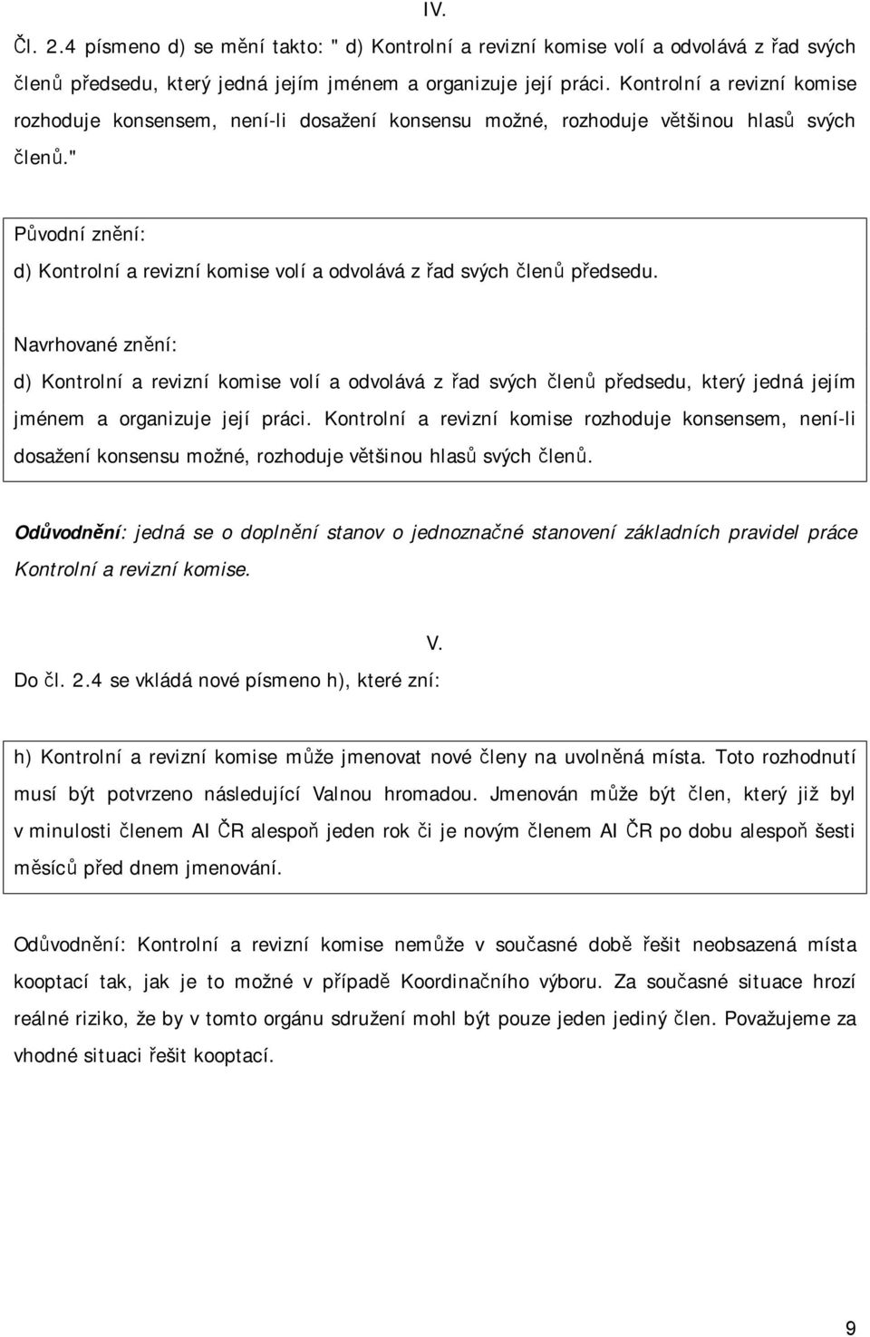 Navrhované znění: d) Kontrolní a revizní komise volí a odvolává z řad svých členů předsedu, který jedná jejím jménem a organizuje její práci.