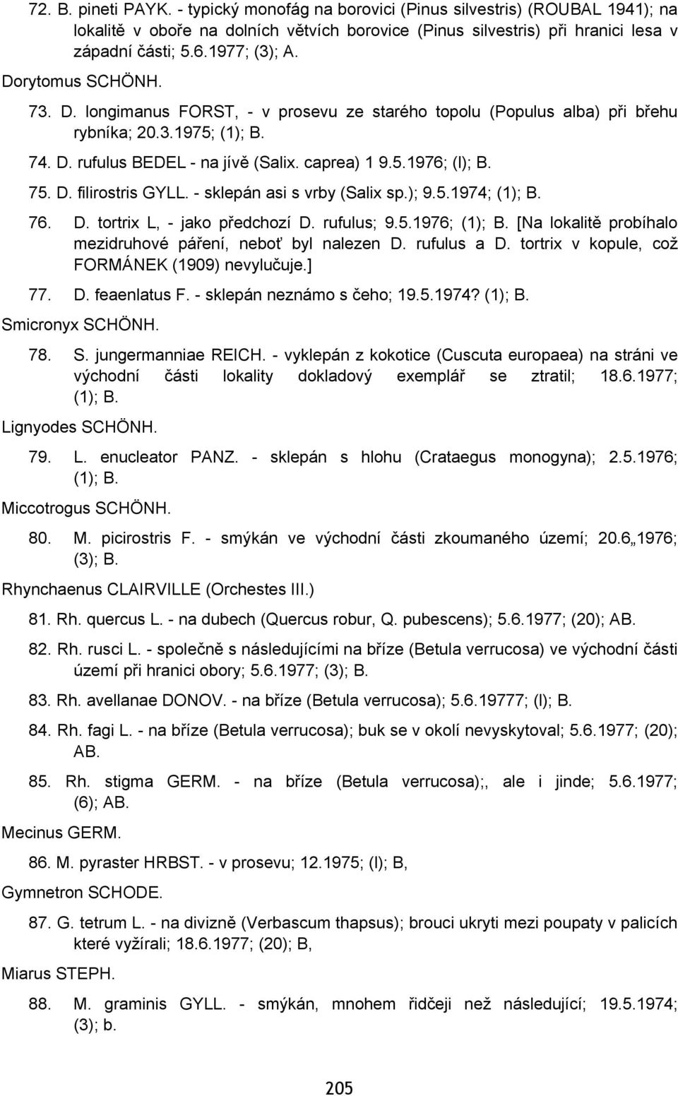 75. D. filirostris GYLL. - sklepán asi s vrby (Salix sp.); 9.5.1974; (1); B. 76. D. tortrix L, - jako předchozí D. rufulus; 9.5.1976; (1); B.