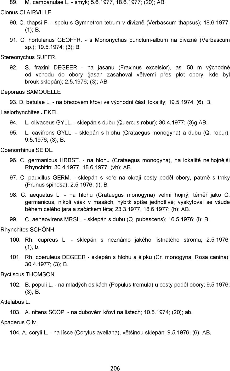 ereonychus SUFFR. 92. S. fraxini DEGEER - na jasanu (Fraxinus excelsior), asi 50 m východně od vchodu do obory (jasan zasahoval větvemi přes plot obory, kde byl brouk sklepán); 2.5.1976; (3); AB.