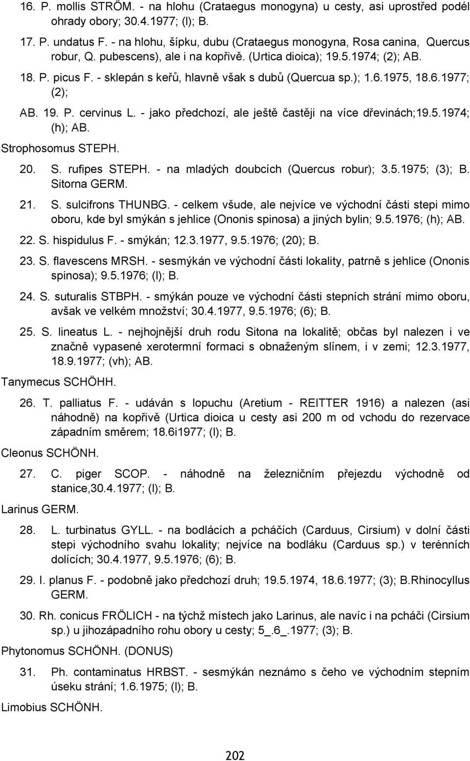 - sklepán s keřů, hlavně však s dubů (Quercua sp.); 1.6.1975, 18.6.1977; (2); AB. 19. P. cervinus L. - jako předchozí, ale ještě častěji na více dřevinách;19.5.1974; (h); AB. Strophosomus STEPH. 20.