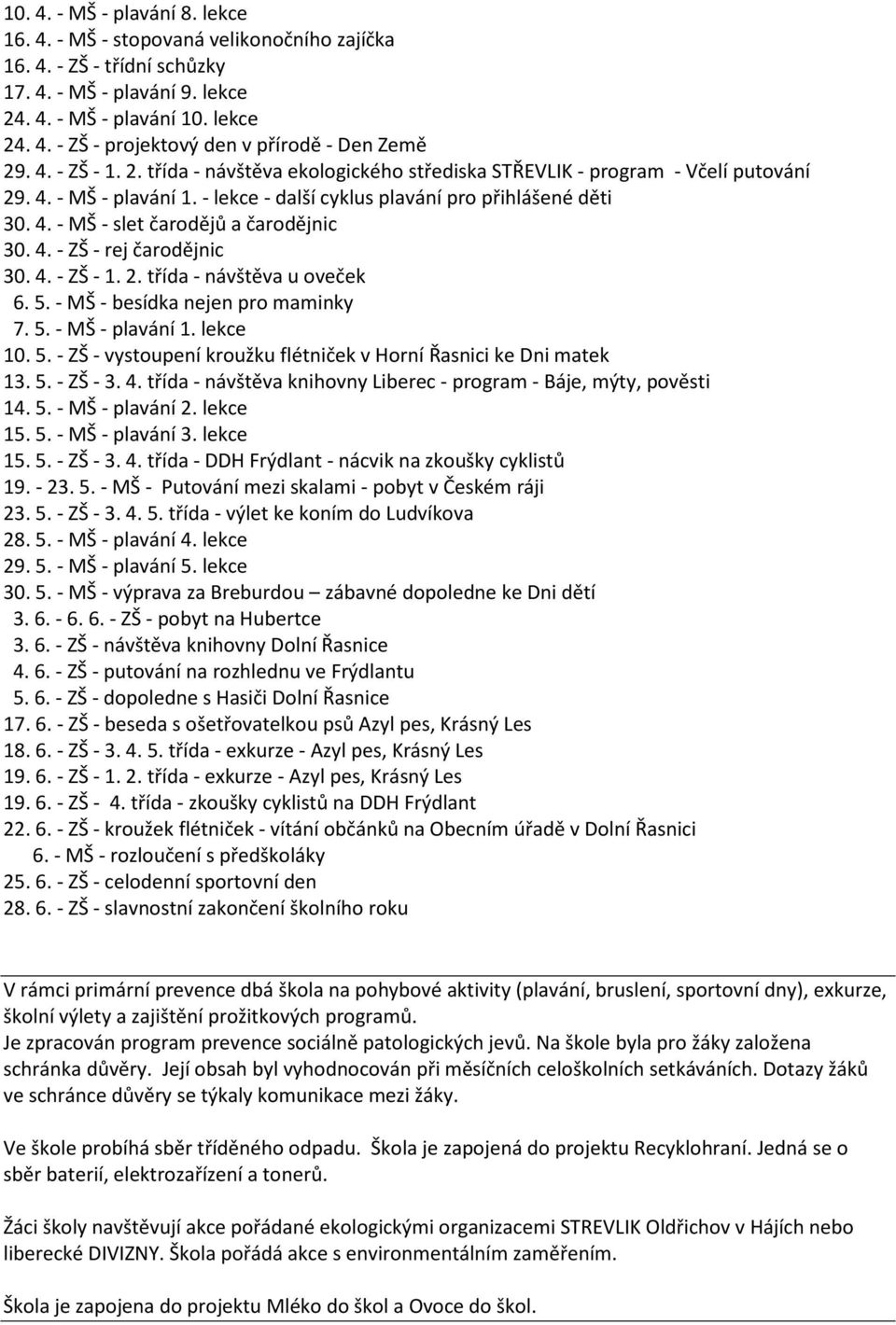 4. - ZŠ - rej čarodějnic 30. 4. - ZŠ - 1. 2. třída - návštěva u oveček 6. 5. - MŠ - besídka nejen pro maminky 7. 5. - MŠ - plavání 1. lekce 10. 5. - ZŠ - vystoupení kroužku flétniček v Horní Řasnici ke Dni matek 13.