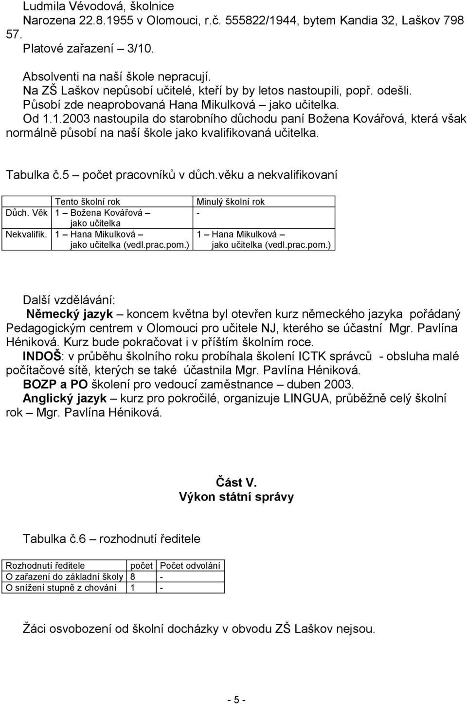 1.2003 nastoupila do starobního důchodu paní Božena Kovářová, která však normálně působí na naší škole jako kvalifikovaná učitelka. Tabulka č.5 počet pracovníků v důch.