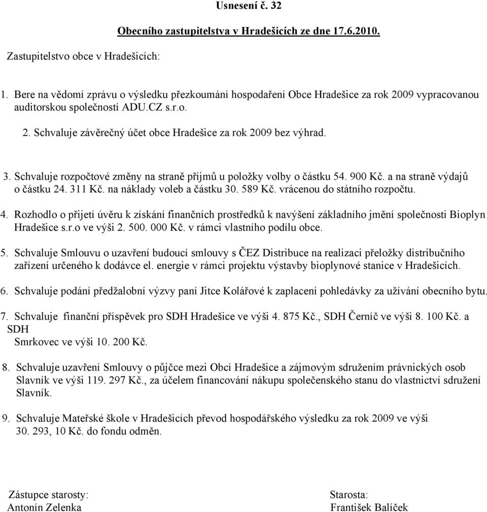 na náklady voleb a částku 30. 589 Kč. vrácenou do státního rozpočtu. 4. Rozhodlo o přijetí úvěru k získání finančních prostředků k navýšení základního jmění společnosti Bioplyn Hradešice s.r.o ve výši 2.