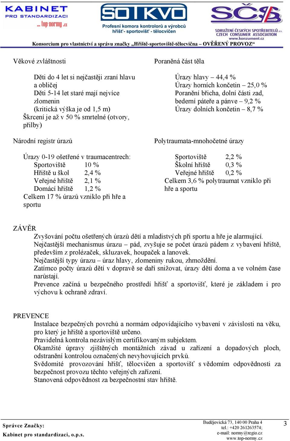 hlavy 44,4 % Úrazy horních končetin 25,0 % Poranění břicha, dolní části zad, bederní páteře a pánve 9,2 % Úrazy dolních končetin 8,7 % Polytraumata-mnohočetné úrazy Sportoviště 2,2 % kolní hřiště 0,3