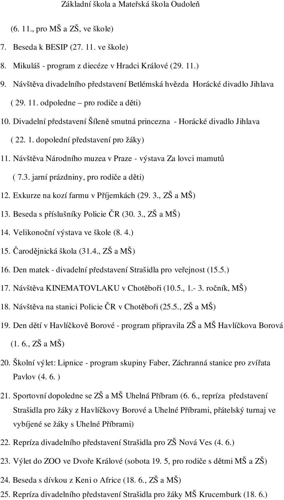 Návštěva Národního muzea v Praze - výstava Za lovci mamutů ( 7.3. jarní prázdniny, pro rodiče a děti) 12. Exkurze na kozí farmu v Příjemkách (29. 3., ZŠ a MŠ) 13. Beseda s příslušníky Policie ČR (30.