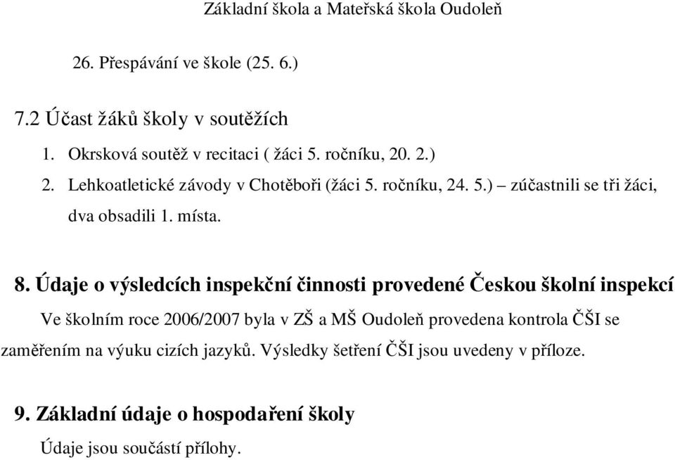 Údaje o výsledcích inspekční činnosti provedené Českou školní inspekcí Ve školním roce 2006/2007 byla v ZŠ a MŠ Oudoleň provedena