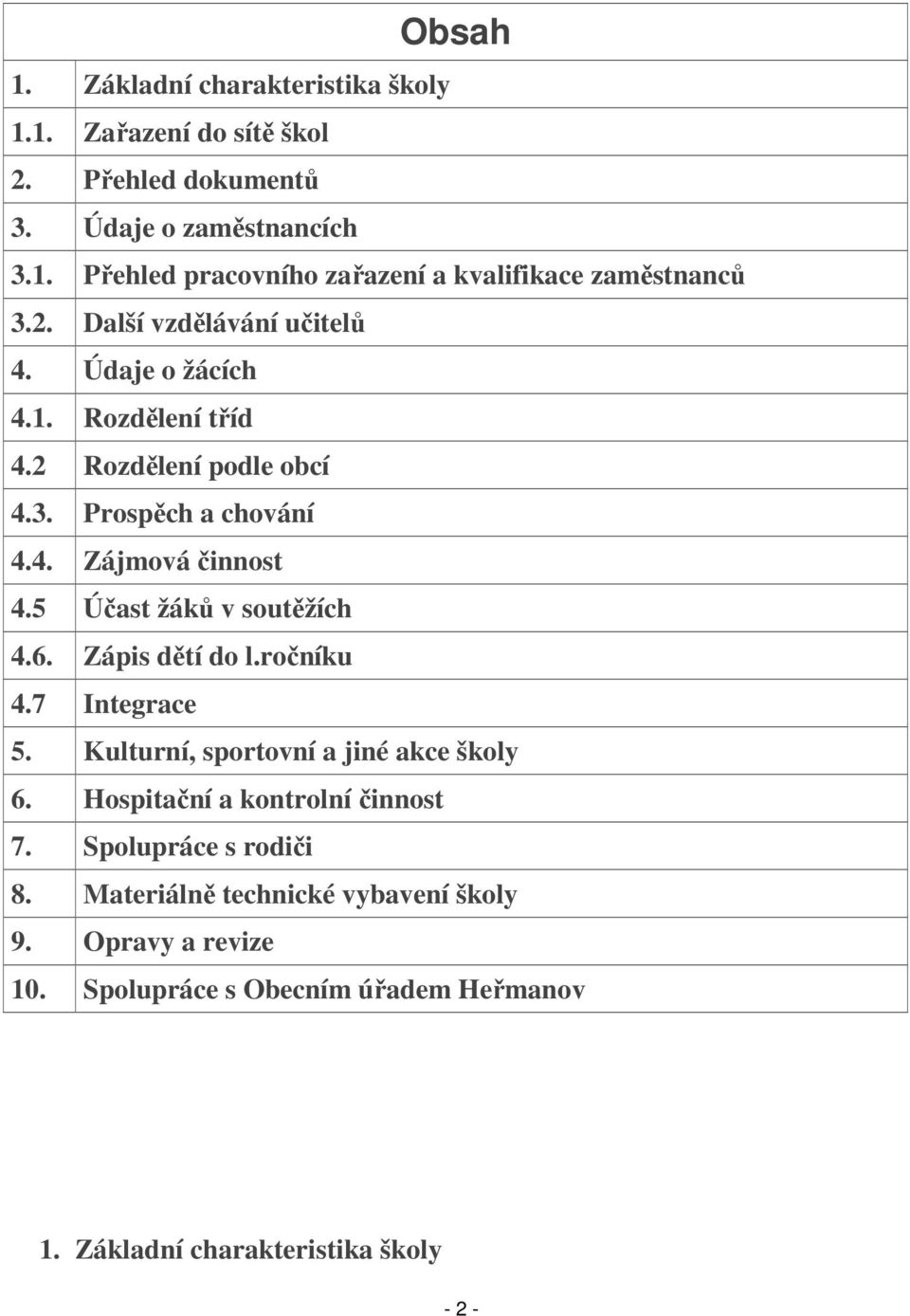 5 Účast žáků v soutěžích 4.6. Zápis dětí do l.ročníku 4.7 Integrace 5. Kulturní, sportovní a jiné akce školy 6. Hospitační a kontrolní činnost 7.