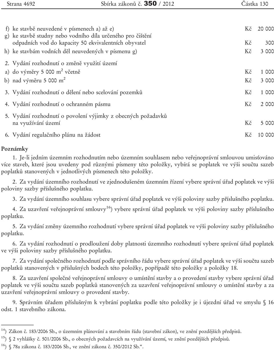 ke stavbám vodních děl neuvedených v písmenu g) Kč 3 000 2. Vydání rozhodnutí o změně využití území a) do výměry 5 000 m 2 včetně Kč 1 000 b) nad výměru 5 000 m 2 Kč 3 000 3.