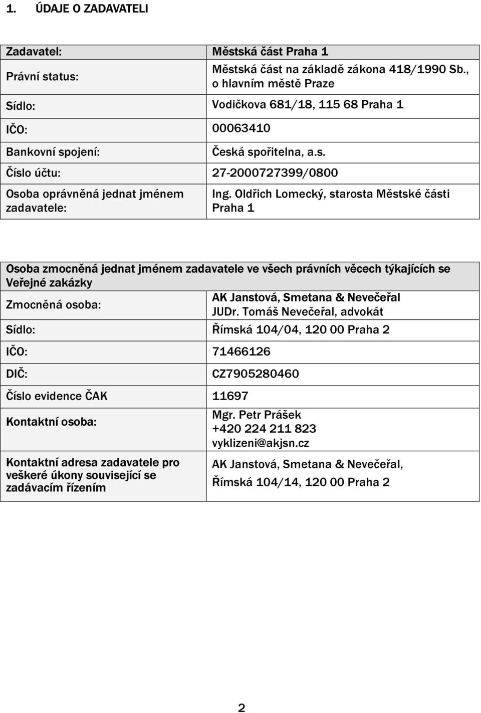 Oldřich Lomecký, starosta Městské části Praha 1 Osoba zmocněná jednat jménem zadavatele ve všech právních věcech týkajících se Veřejné zakázky AK Janstová, Smetana & Nevečeřal Zmocněná osoba: JUDr.