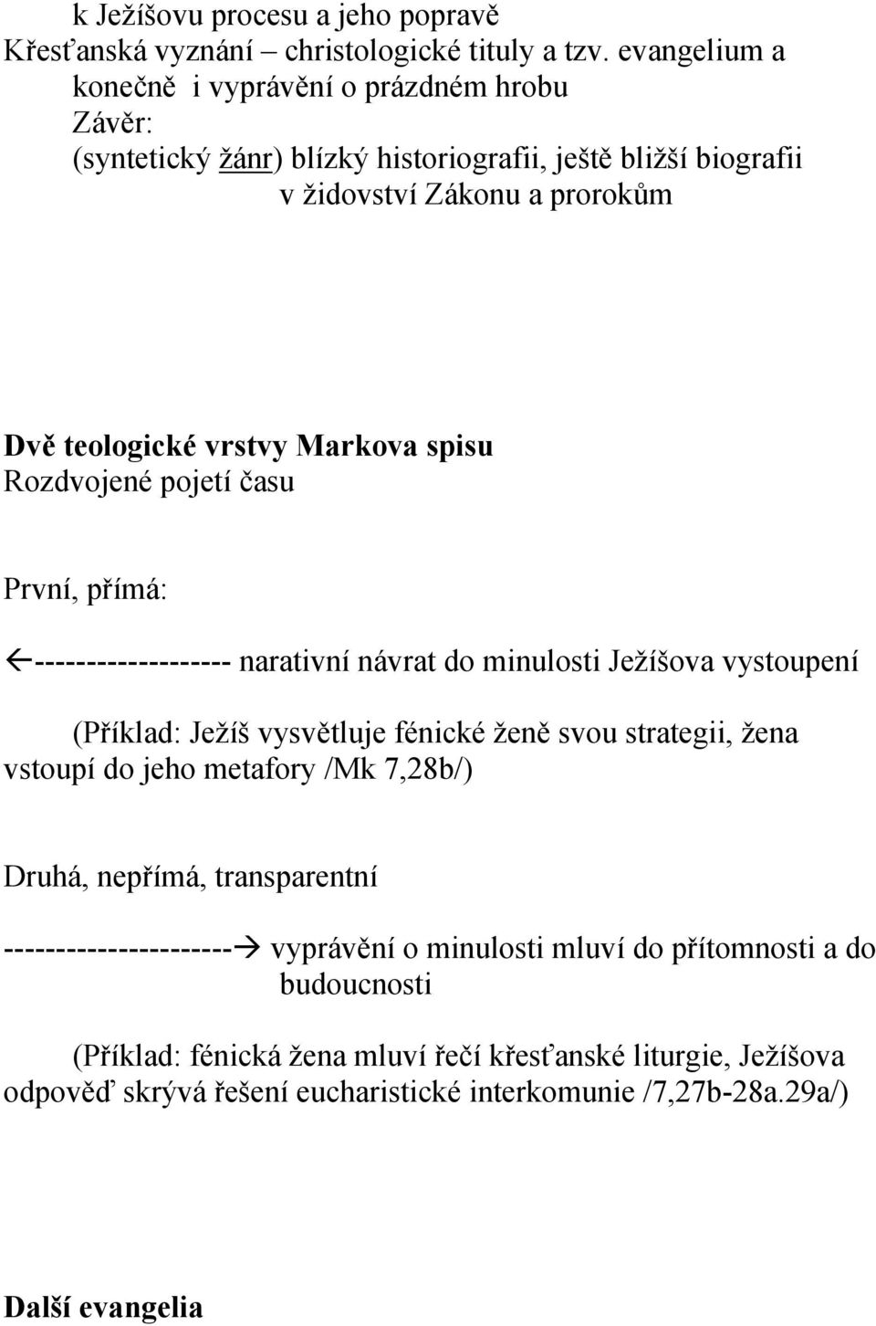 spisu Rozdvojené pojetí času První, přímá: ------------------- narativní návrat do minulosti Ježíšova vystoupení (Příklad: Ježíš vysvětluje fénické ženě svou strategii, žena vstoupí