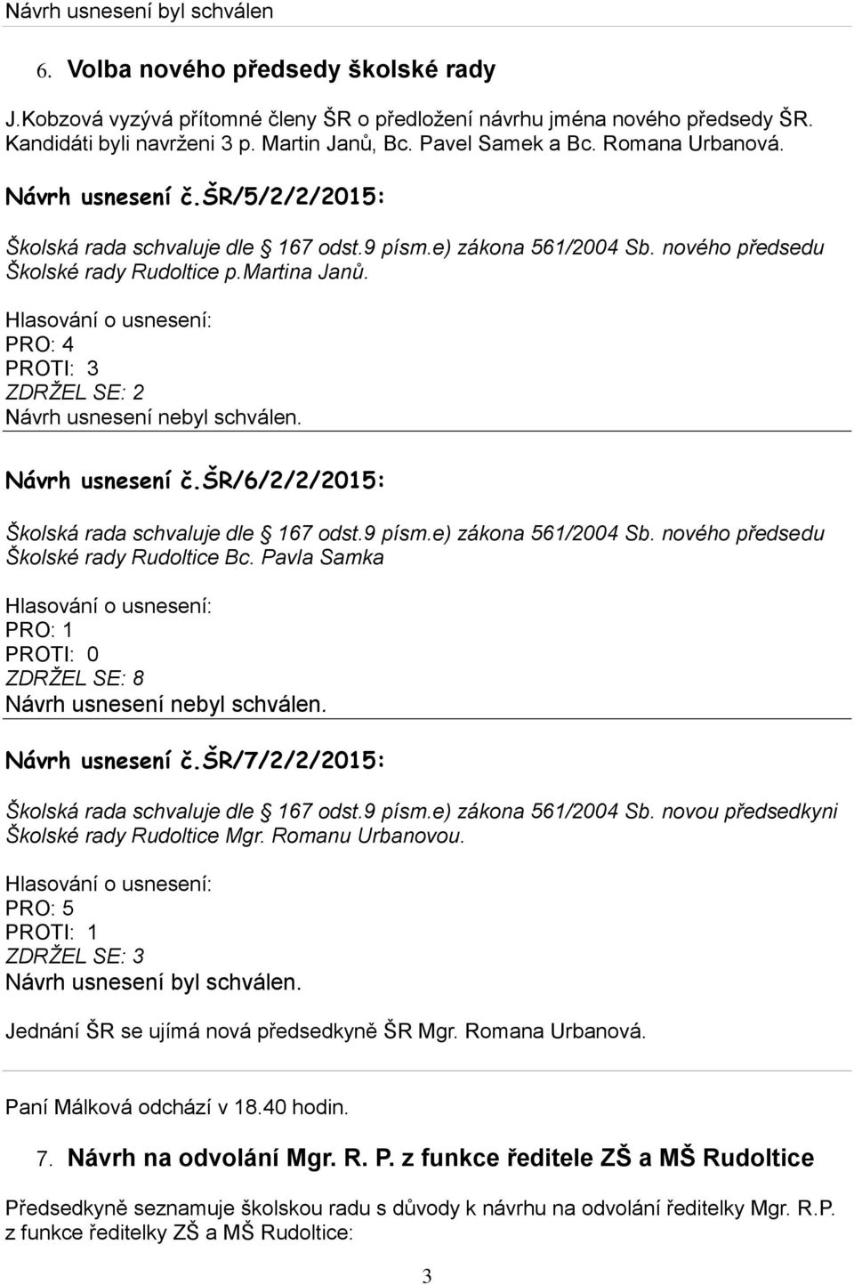 PRO: 4 PROTI: 3 ZDRŽEL SE: 2 Návrh usnesení nebyl schválen. Návrh usnesení č.šr/6/2/2/2015: Školská rada schvaluje dle 167 odst.9 písm.e) zákona 561/2004 Sb. nového předsedu Školské rady Rudoltice Bc.