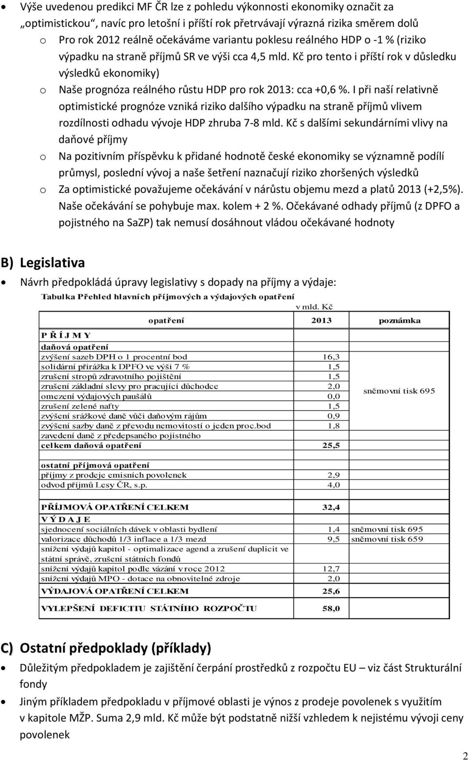 Kč pro tento i příští rok v důsledku výsledků ekonomiky) o Naše prognóza reálného růstu HDP pro rok 2013: cca +0,6 %.