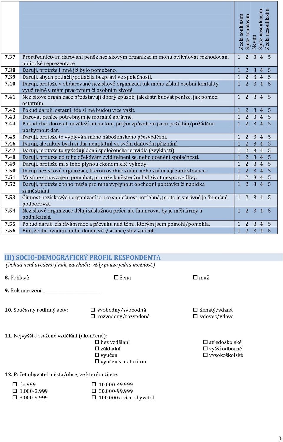 7.42 Pokud daruji, ostatní lidé si mě budou více vážit. 7.43 Darovat peníze potřebným je morálně správné. 7.44 Pokud chci darovat, nezáleží mi na tom, jakým způsobem jsem požádán/požádána poskytnout dar.