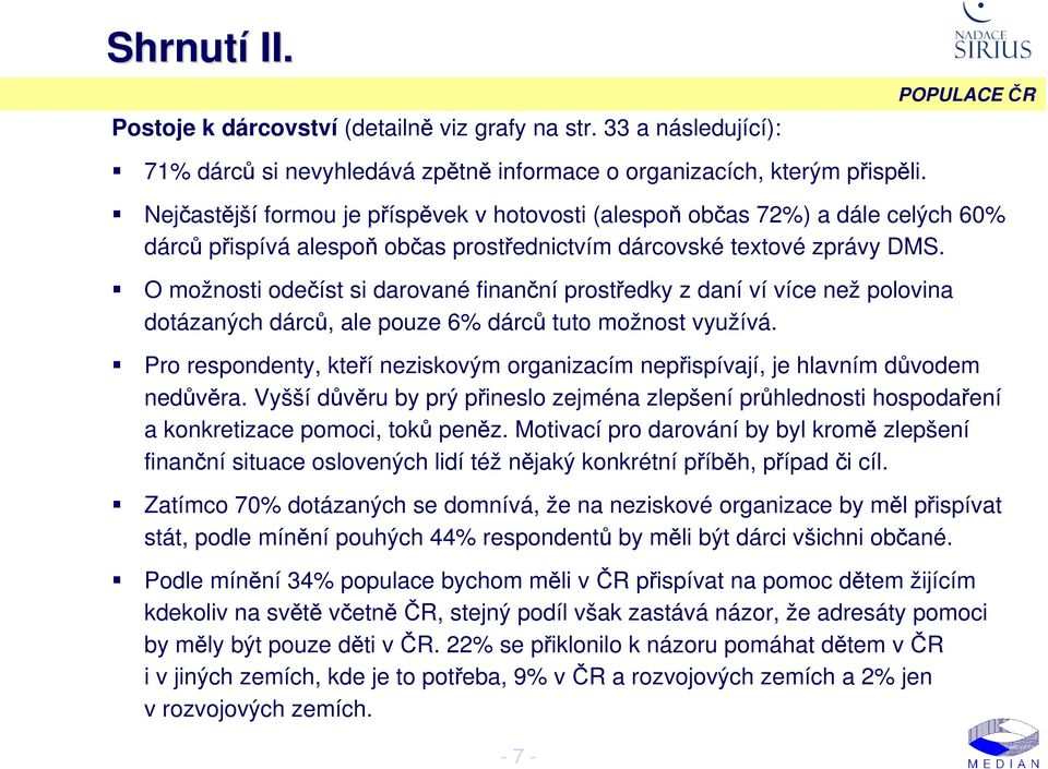 O možnosti odečíst si darované finanční prostředky z daní ví více než polovina dotázaných dárců, ale pouze 6% dárců tuto možnost využívá.