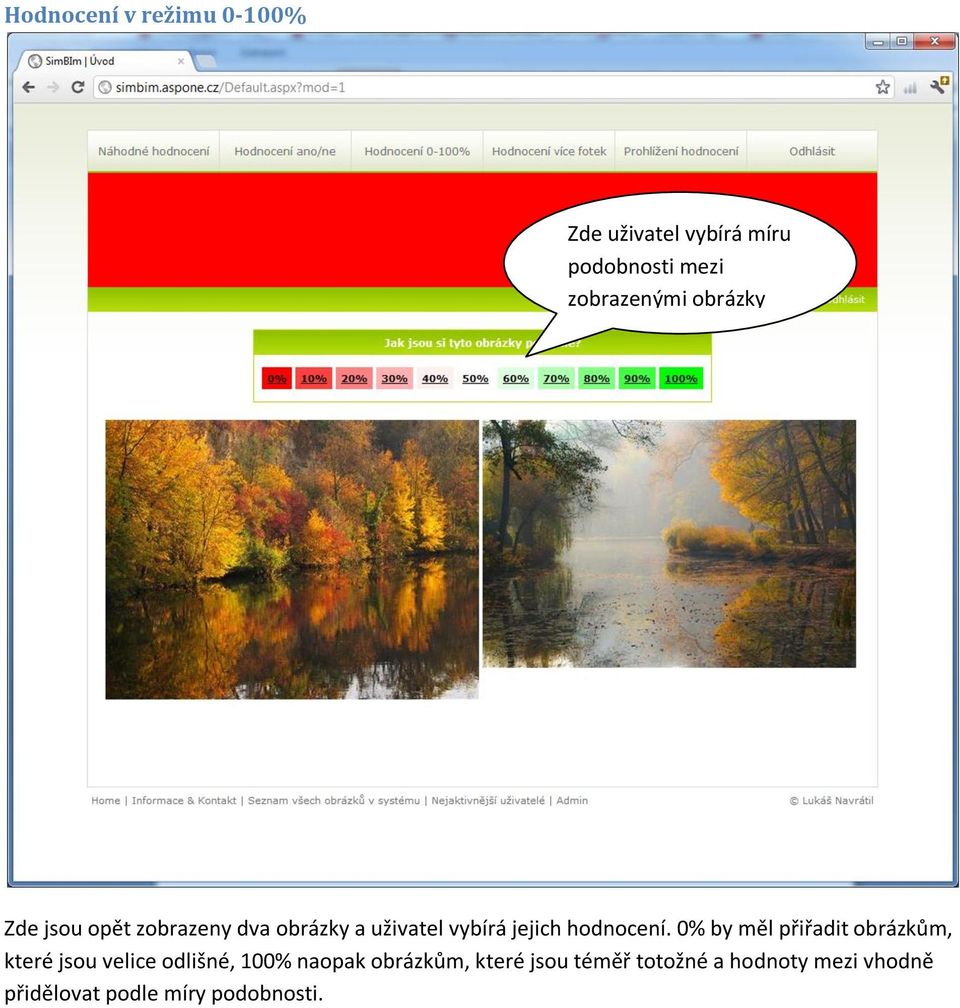 0% by měl přiřadit obrázkům, které jsou velice odlišné, 100% naopak obrázkům,