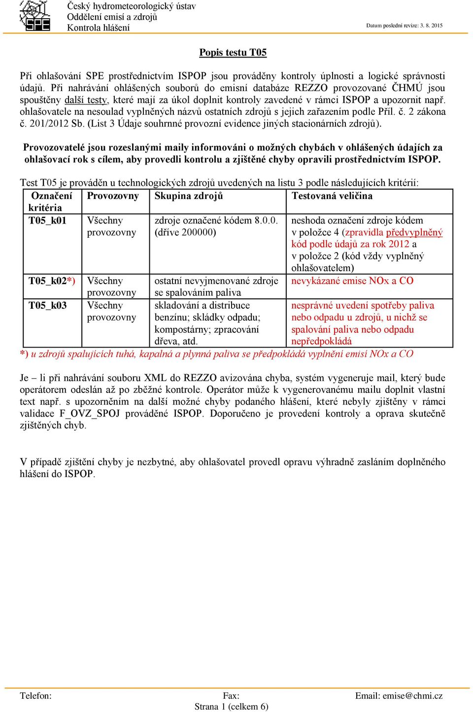 ohlašovatele na nesoulad vyplněných názvů ostatních zdrojů s jejich zařazením podle Příl. č. 2 zákona č. 201/2012 Sb. (List 3 Údaje souhrnné provozní evidence jiných stacionárních zdrojů).