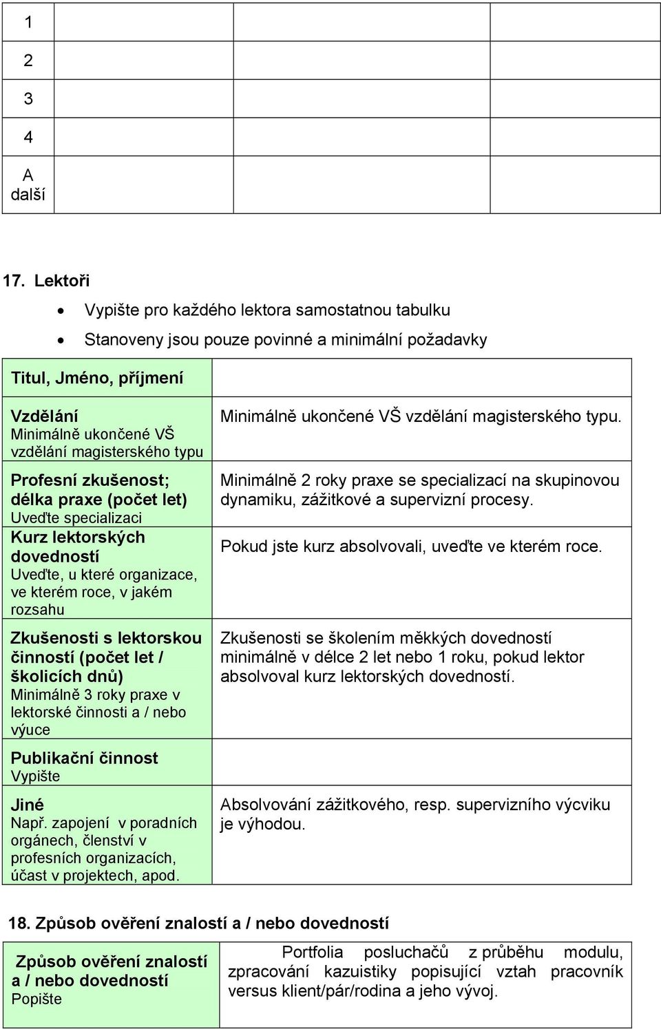 zkušenost; délka praxe (počet let) Uveďte specializaci Kurz lektorských dovedností Uveďte, u které organizace, ve kterém roce, v jakém rozsahu Zkušenosti s lektorskou činností (počet let / školicích