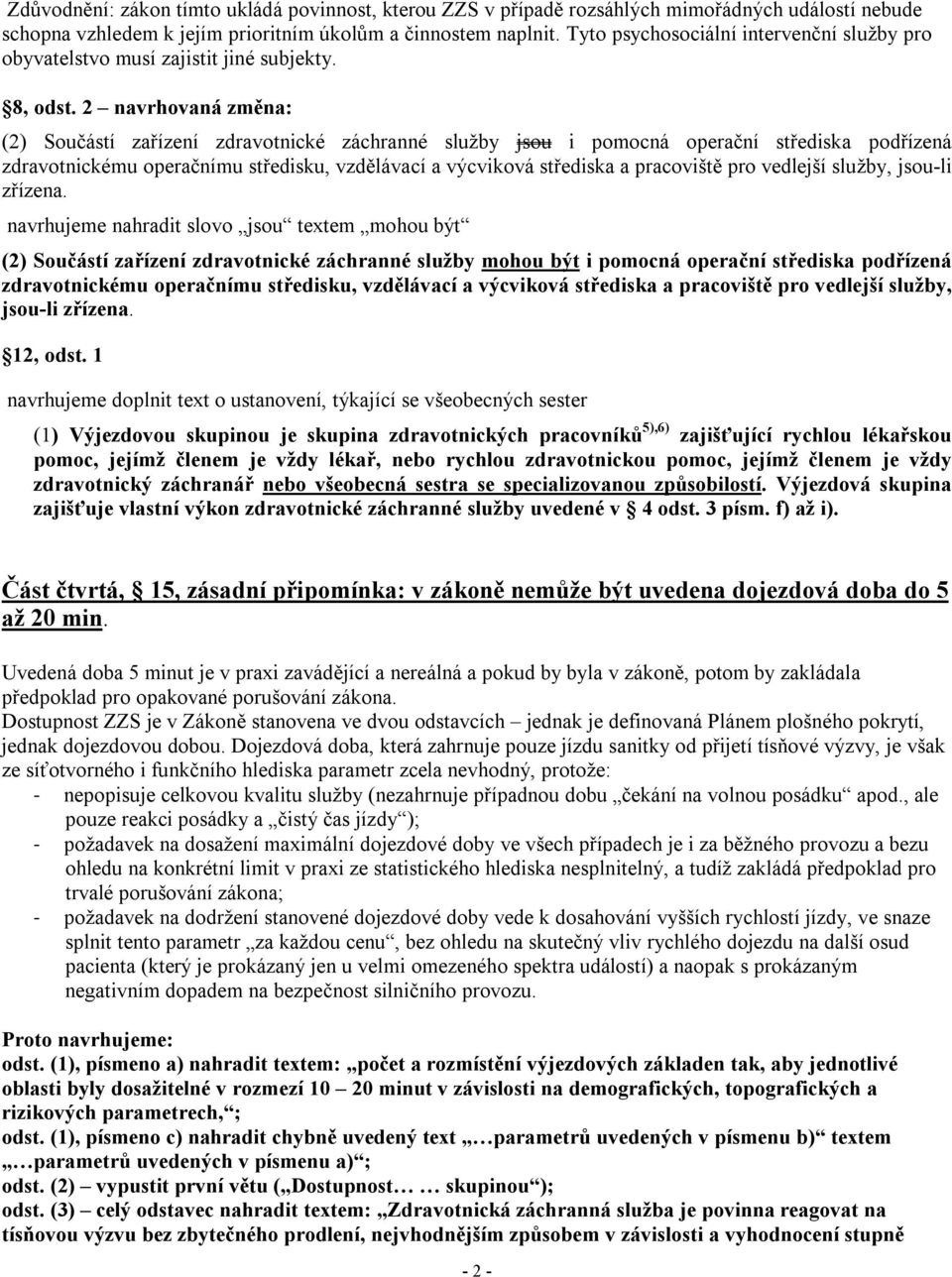 2 navrhovaná změna: (2) Součástí zařízení zdravotnické záchranné služby jsou i pomocná operační střediska podřízená zdravotnickému operačnímu středisku, vzdělávací a výcviková střediska a pracoviště