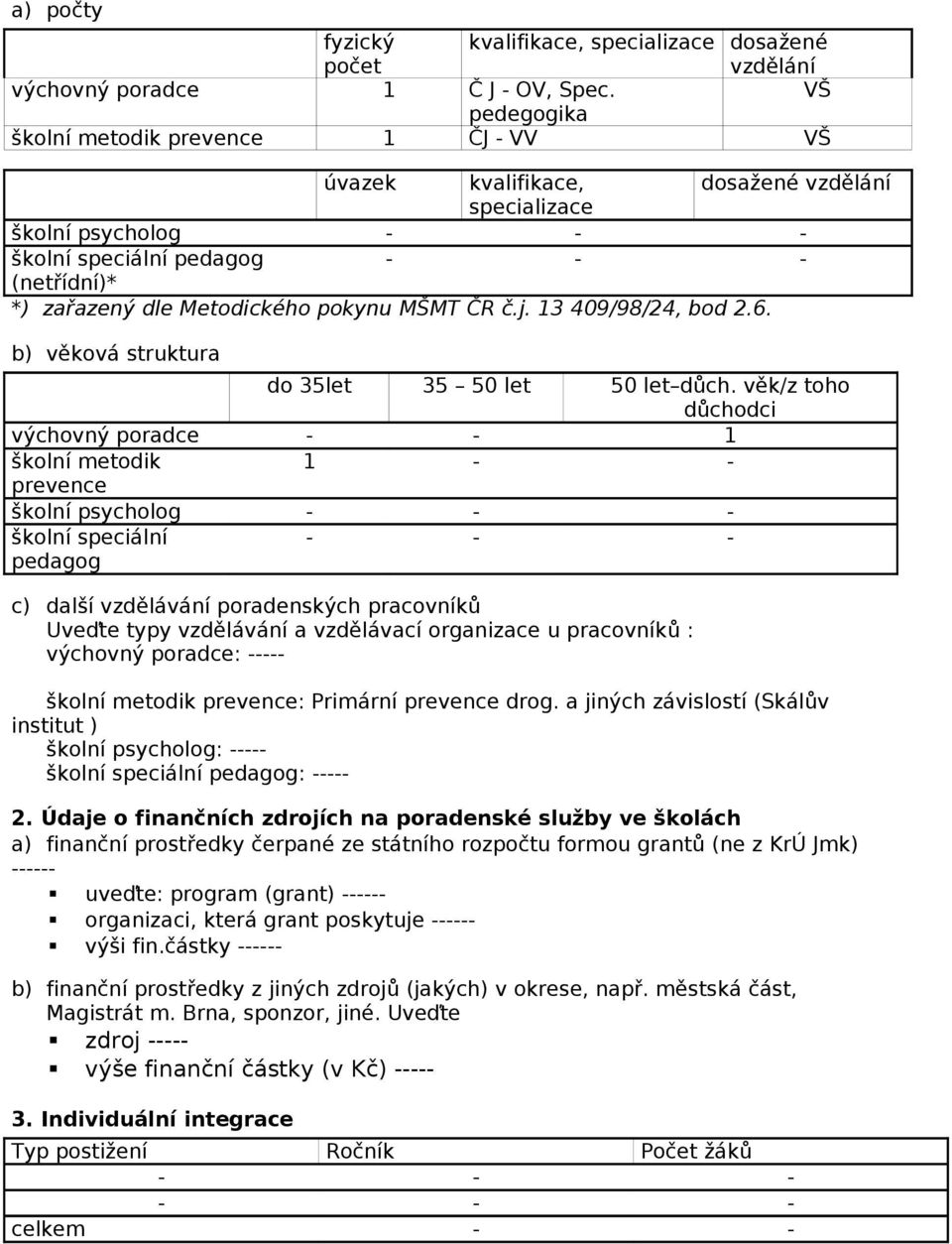 pokynu MŠMT ČR č.j. 13 409/98/24, bod 2.6. b) věková struktura do 35let 35 50 let 50 let důch.