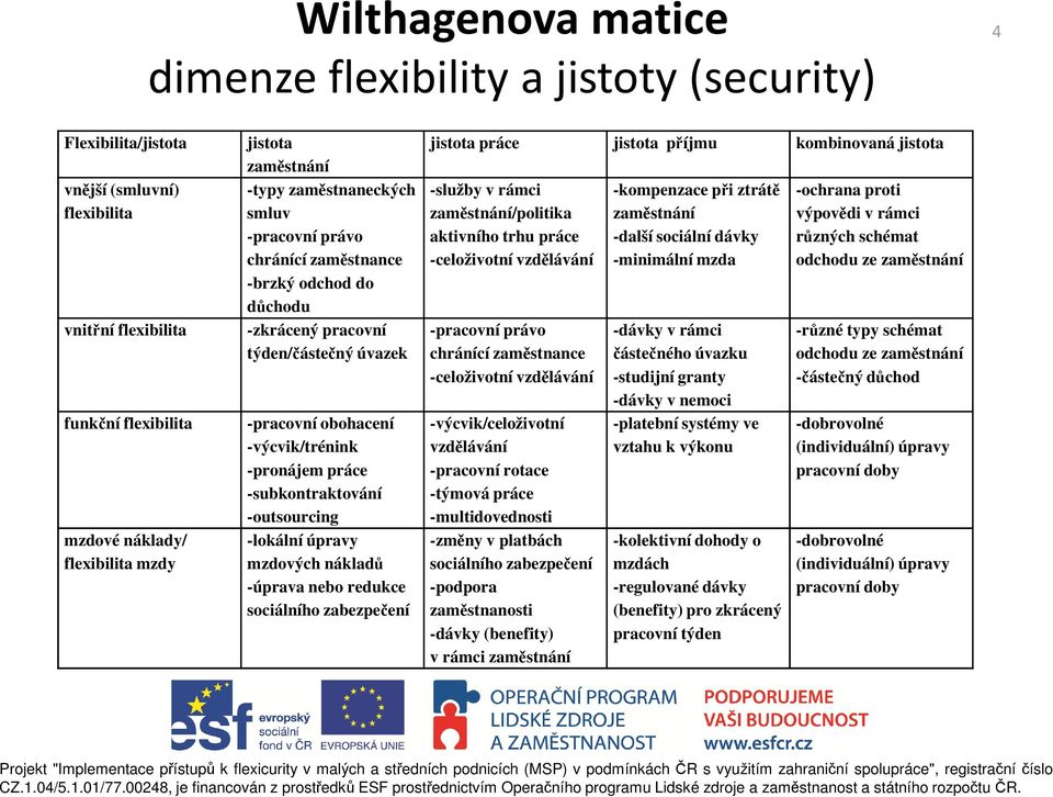 -subkontraktování -outsourcing -lokální úpravy mzdových nákladů -úprava nebo redukce sociálního zabezpečení jistota práce jistota příjmu kombinovaná jistota -služby v rámci zaměstnání/politika