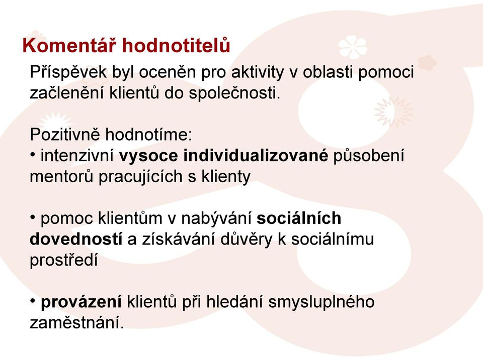 Pozitivně hodnotíme: intenzivní vysoce individualizované působení mentorů pracujících