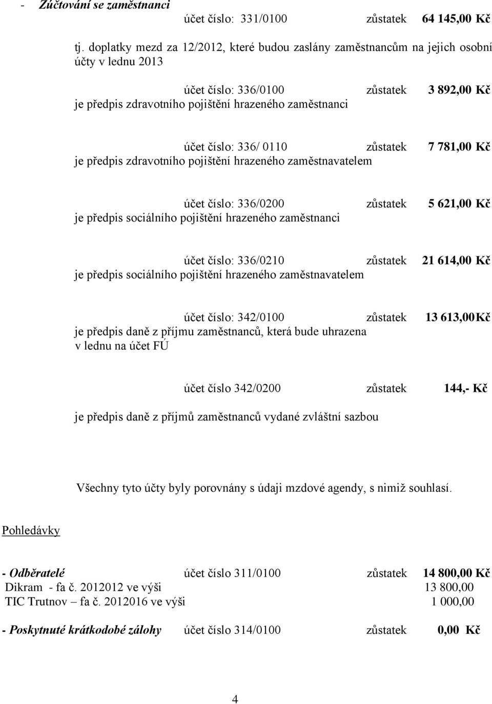 číslo: 336/ 0110 zůstatek 7 781,00 Kč je předpis zdravotního pojištění hrazeného zaměstnavatelem účet číslo: 336/0200 zůstatek 5 621,00 Kč je předpis sociálního pojištění hrazeného zaměstnanci účet