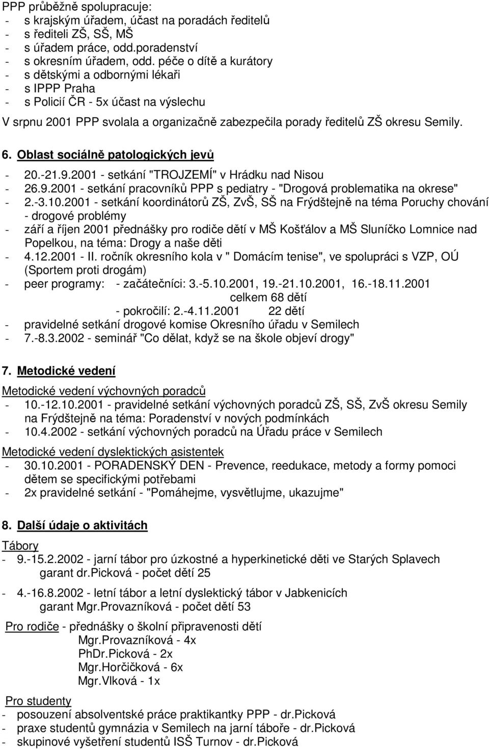 Oblast sociálně patologických jevů - 20.-21.9.2001 - setkání "TROJZEMÍ" v Hrádku nad Nisou - 26.9.2001 - setkání pracovníků PPP s pediatry - "Drogová problematika na okrese" - 2.-3.10.