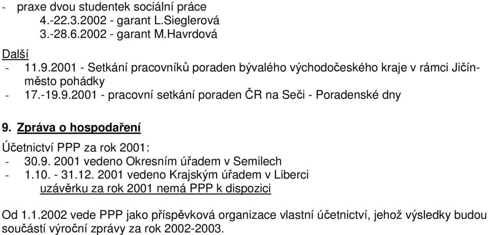 9.2001 - pracovní setkání poraden ČR na Seči - Poradenské dny 9. Zpráva o hospodaření Účetnictví PPP za rok 2001: - 30.9. 2001 vedeno Okresním úřadem v Semilech - 1.