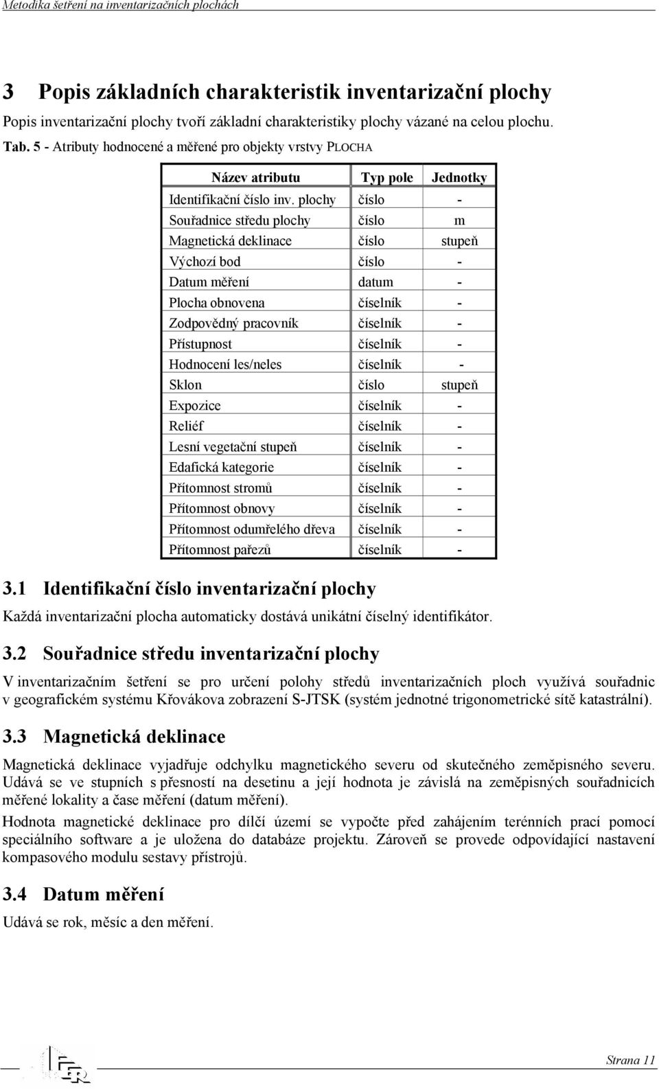 plochy číslo - Souřadnice středu plochy číslo m Magnetická deklinace číslo stupeň Výchozí bod číslo - Datum měření datum - Plocha obnovena číselník - Zodpovědný pracovník číselník - Přístupnost