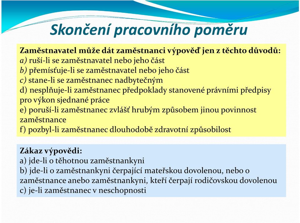 poruší-li zaměstnanec zvlášť hrubým způsobem jinou povinnost zaměstnance f) pozbyl-li zaměstnanec dlouhodobě zdravotní způsobilost Zákaz výpovědi: a) jde-li o