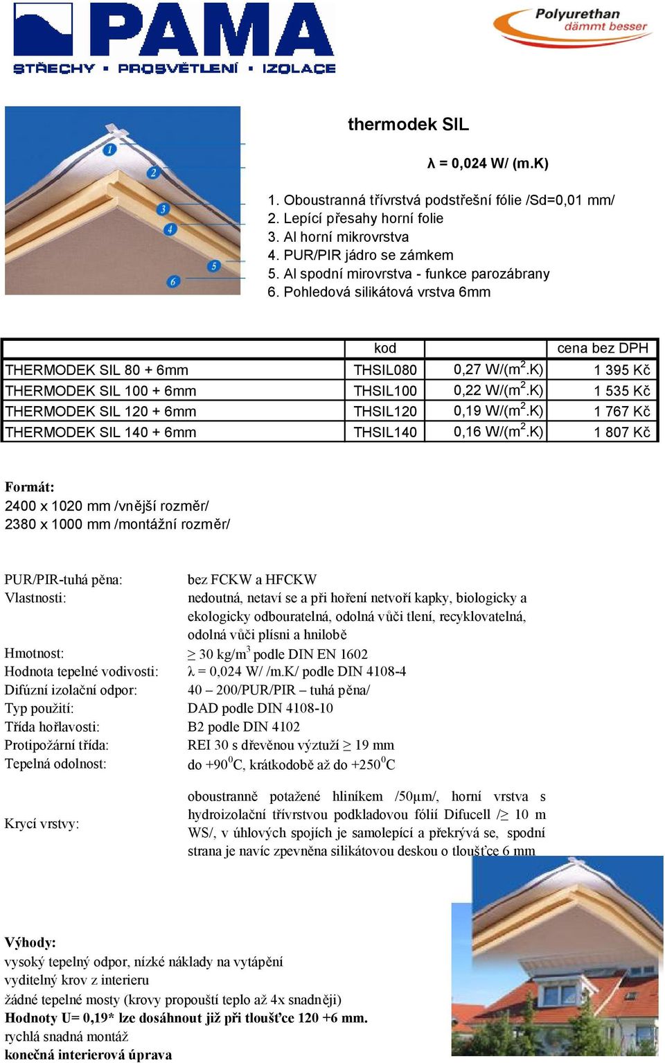 Pohledová silikátová vrstva 6mm THERMODEK SIL 80 + 6mm THERMODEK SIL 100 + 6mm THERMODEK SIL 120 + 6mm THERMODEK SIL 140 + 6mm kod cena bez DPH THSIL080 0,27 W/(m 2.K) 1 395 Kč THSIL100 0,22 W/(m 2.